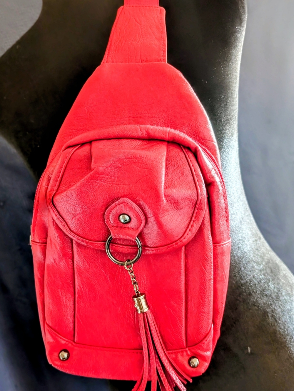 Red Leather Sling Bag with Tassel Accent (025)